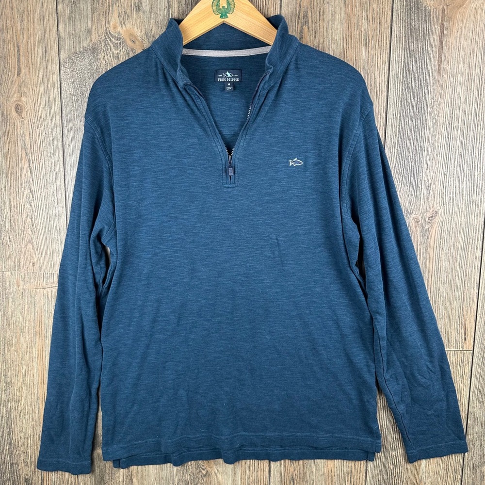 Fish Hippie Quarter Zip Pullover Sweater Mens Blue Cotton Modal Size Medium